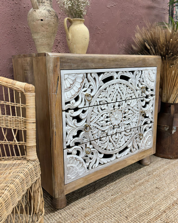 Hand-Carved Mango Wood Chest – 3 Drawers with Whitewashed Drawers