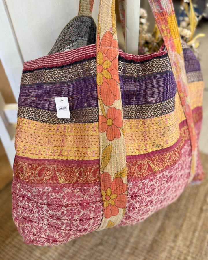 Handmade Upcycled Sari Tote Bag – Floral & Striped | Multi-Purpose Everyday & Beach Bag