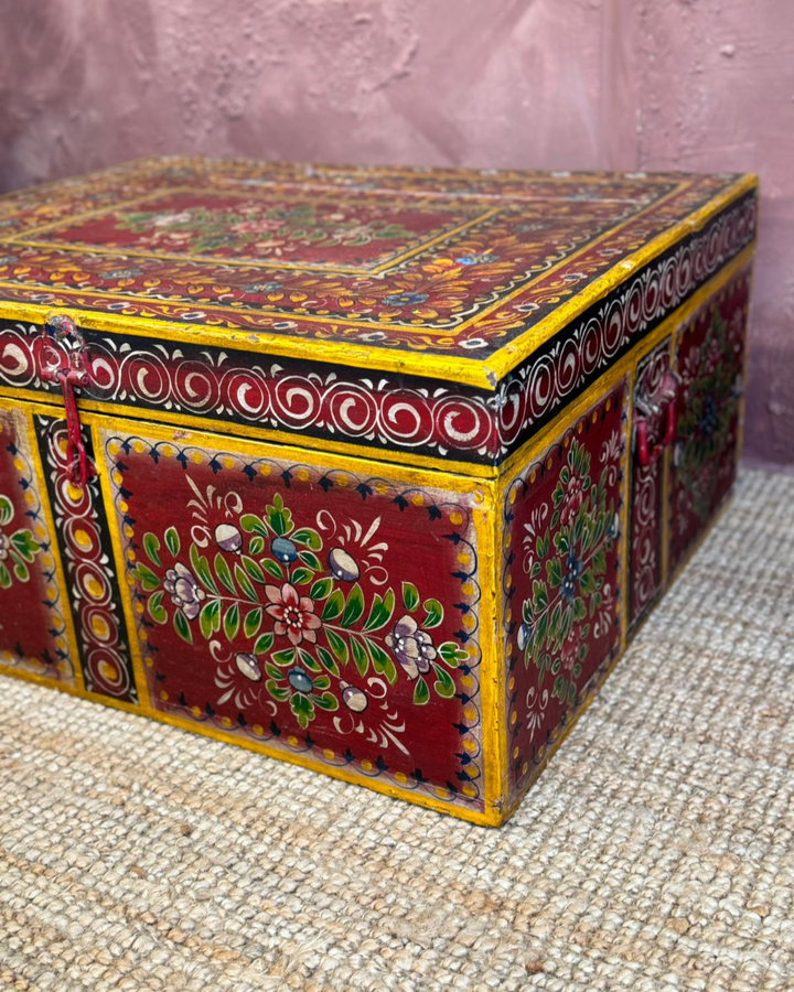 Hand-Painted Floral Storage Box in Recycled Wood