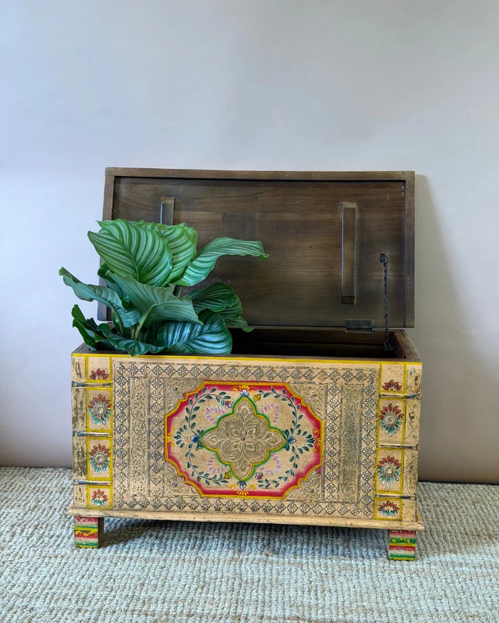 Hand-Painted Mango Wood Storage Chest – Natural Finish