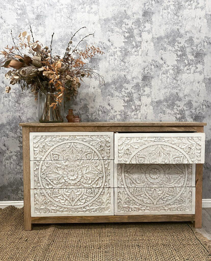 Hand Carved Chest of Drawers with Petal Detailing