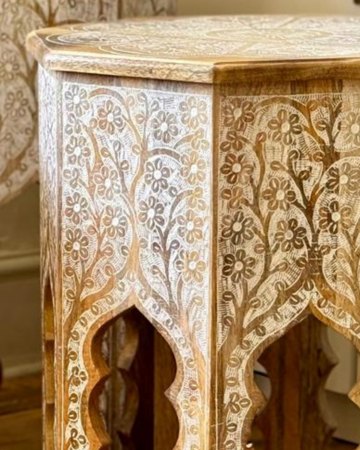 Octagonal Indian Side Table Set – Hand-Painted White Floral Artwork