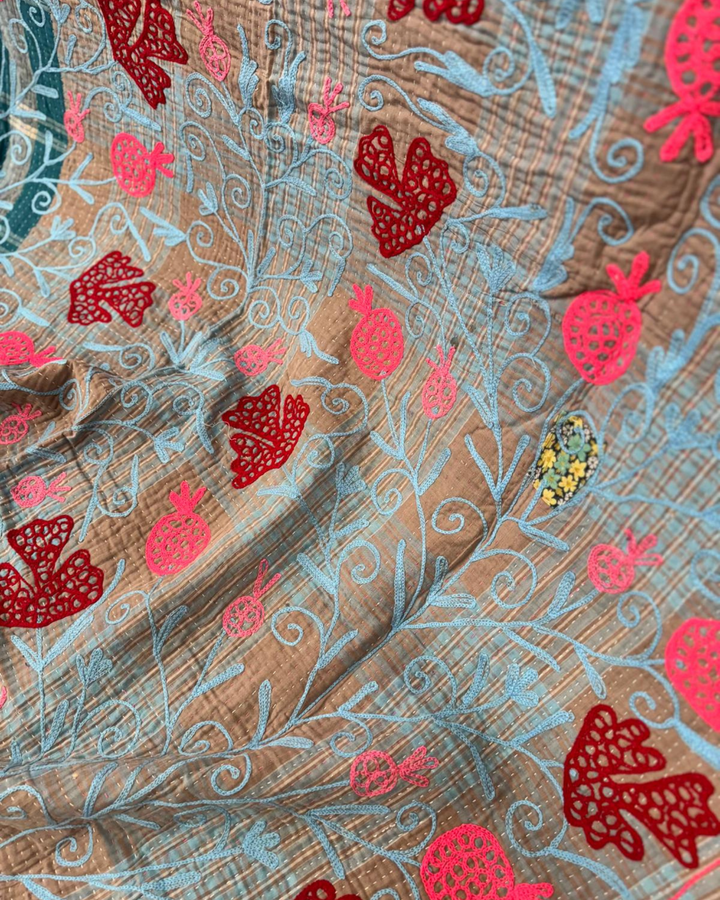 Vintage Hand-Embroidered Kantha Throw – Teal Plaid Sari with Red Botanical Motifs