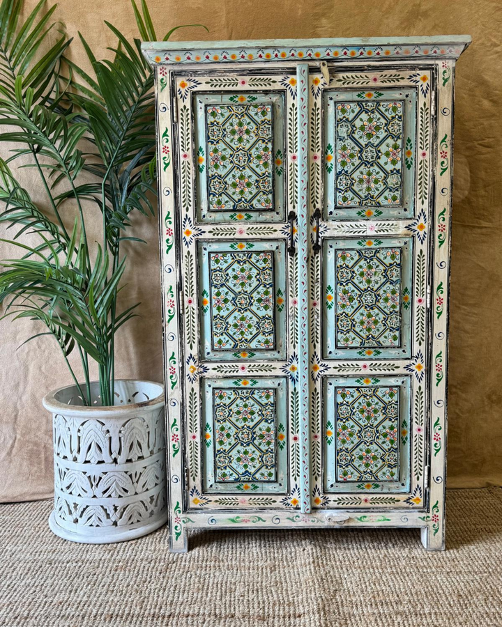 Hand-Painted Mango Wood Armoire – Vintage Floral Panel Design in Turquoise & Ivory
