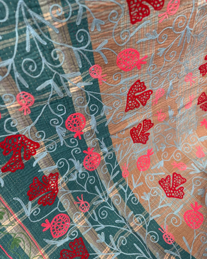 Vintage Hand-Embroidered Kantha Throw – Teal Plaid Sari with Red Botanical Motifs