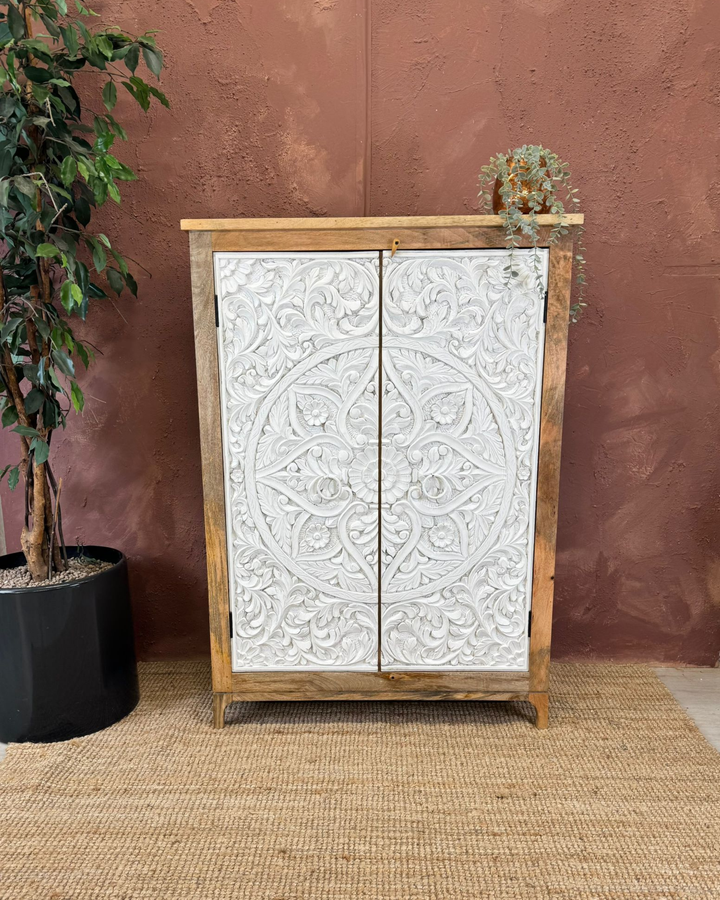 Hand-Carved 2-Door Mango Wood Cabinet with Whitewashed Floral Façade