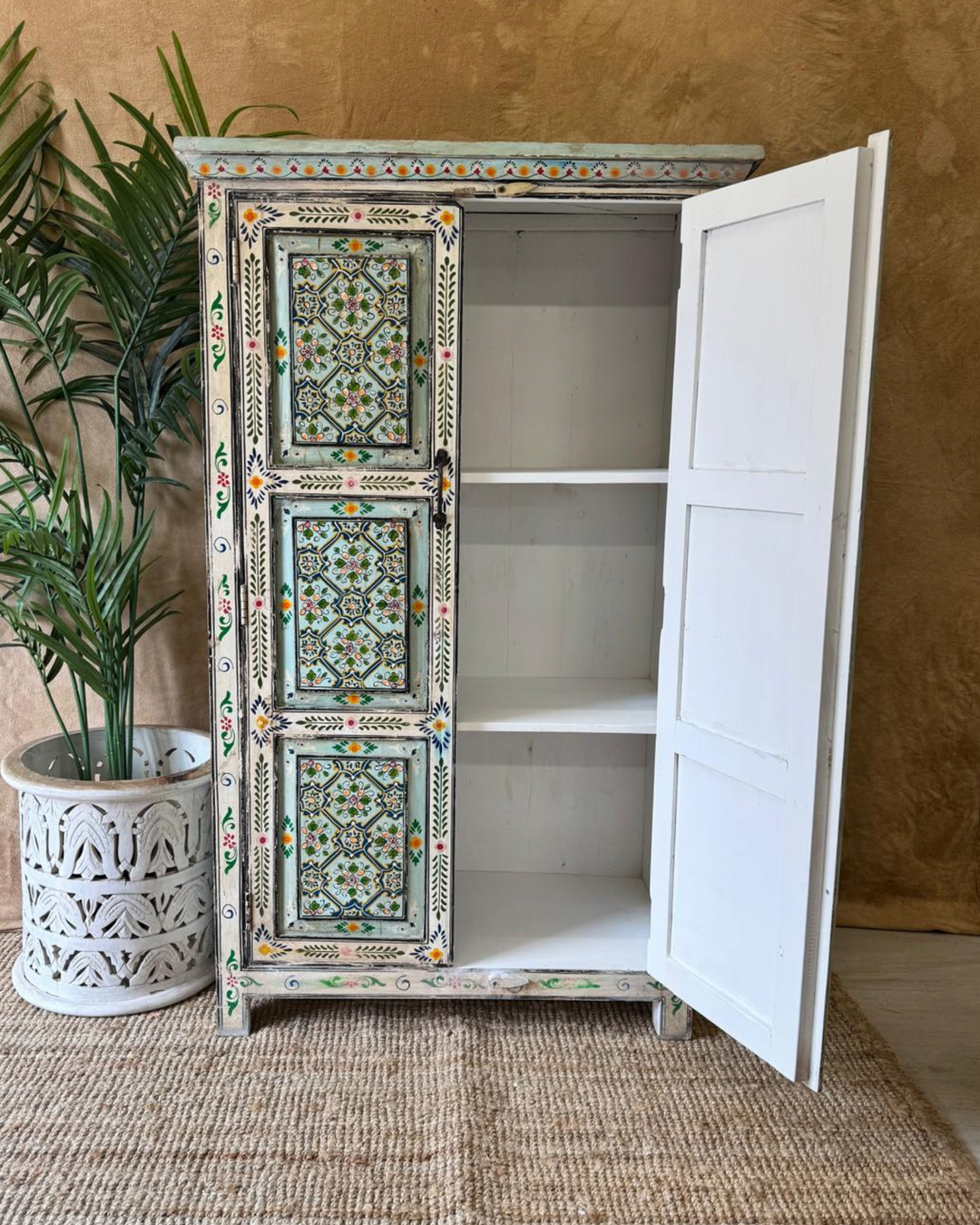 Hand-Painted Mango Wood Armoire – Vintage Floral Panel Design in Turquoise & Ivory