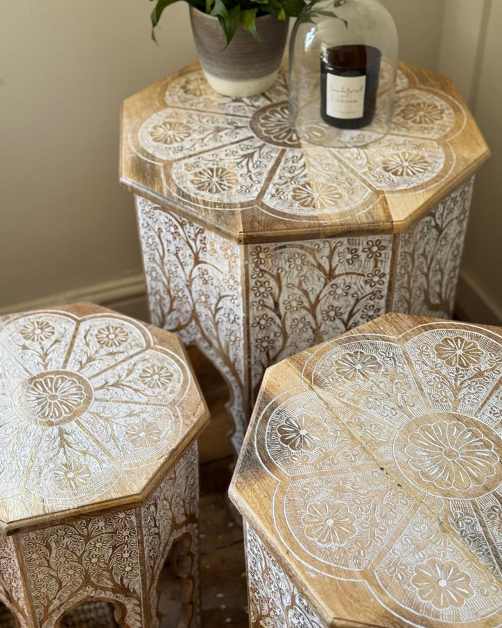 Octagonal Indian Side Table Set – Hand-Painted White Floral Artwork