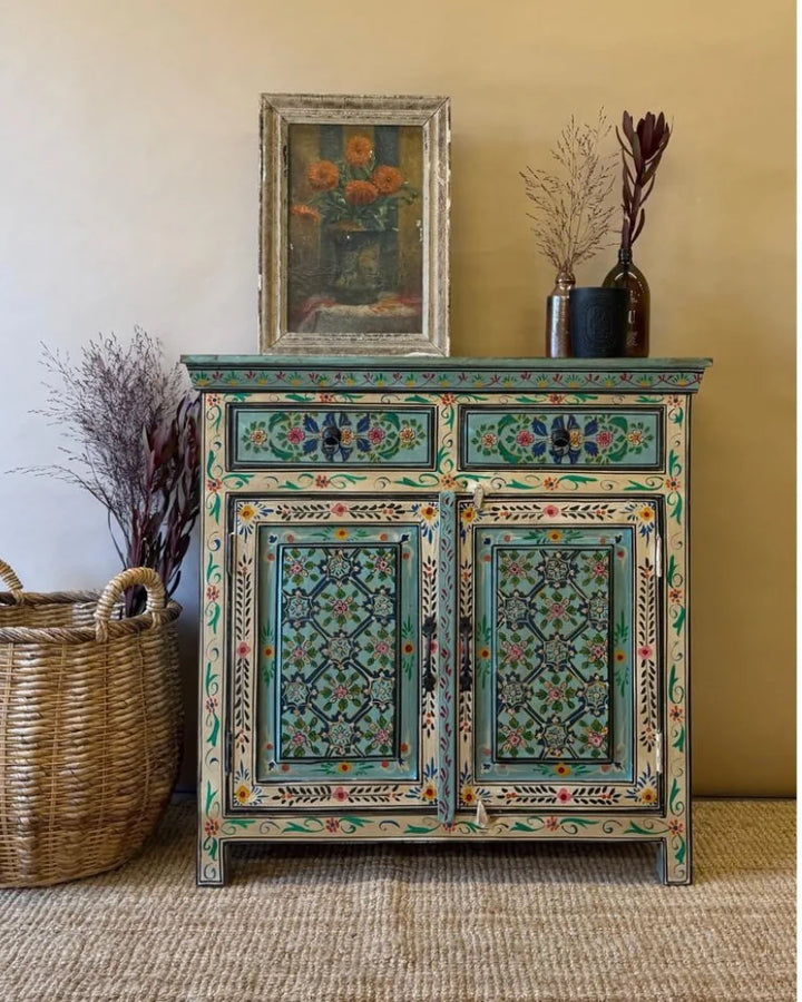 Hand-Carved &amp; Hand-Painted Vintage Indian Sideboard