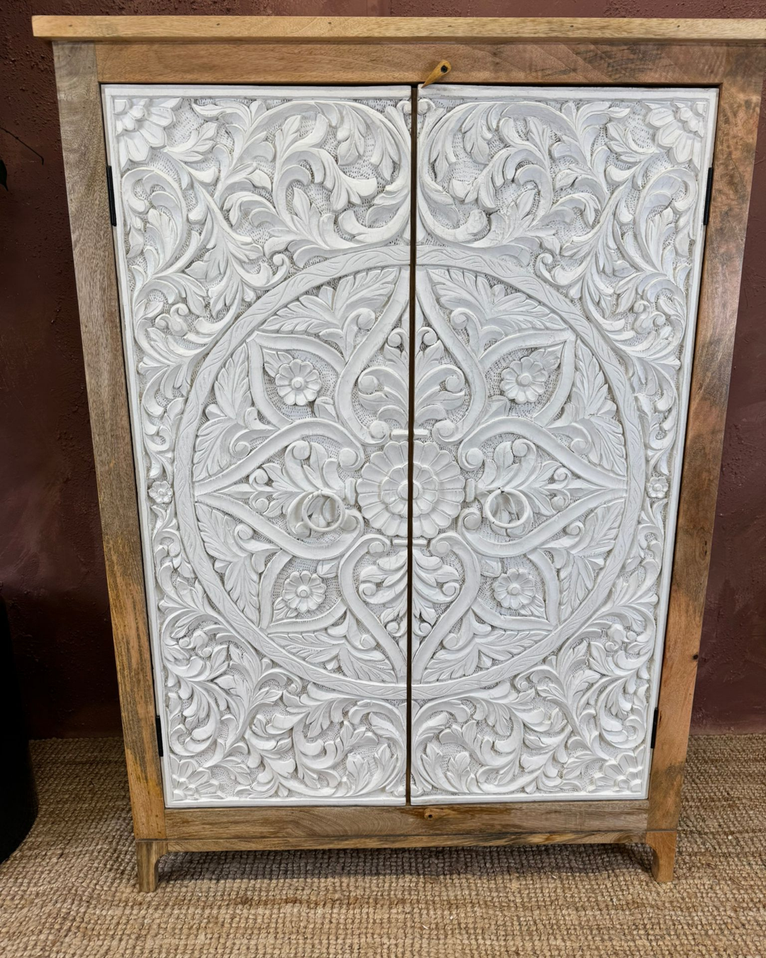 Hand-Carved 2-Door Mango Wood Cabinet with Whitewashed Floral Façade