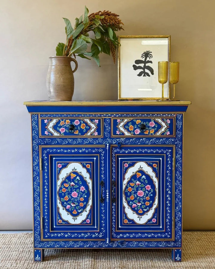 Hand-Painted Blue Floral Mango Wood Sideboard – Two Door Two Drawer Cabinet