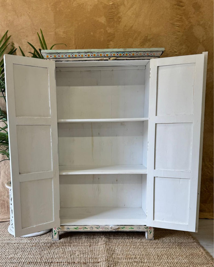 Hand-Painted Mango Wood Armoire – Vintage Floral Panel Design in Turquoise & Ivory