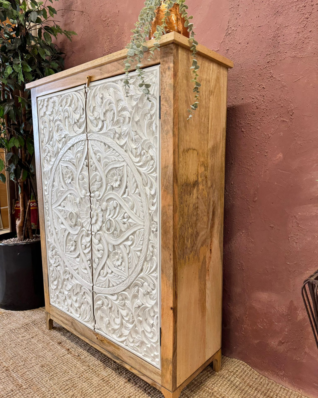 Hand-Carved 2-Door Mango Wood Cabinet with Whitewashed Floral Façade