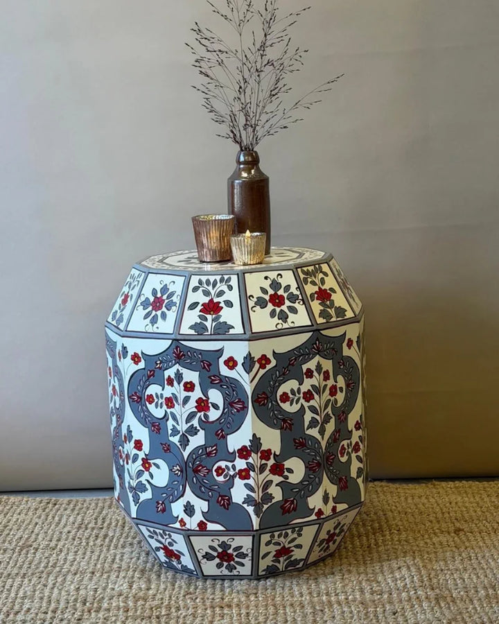 Hand-Painted Mango Wood Accent Table – Floral Octagonal Stool in Blue &amp; Cream