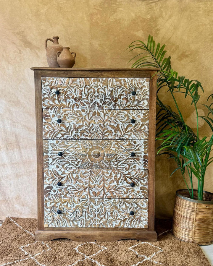 Hand-Carved Mango Wood Chest of Drawers – 5 Drawer Tallboy