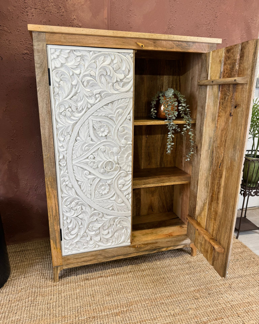 Hand-Carved 2-Door Mango Wood Cabinet with Whitewashed Floral Façade