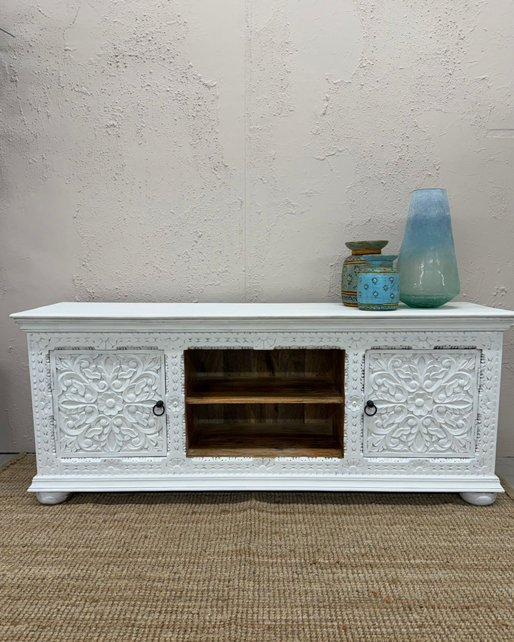 Hand-Carved Mango Wood TV Unit – Fully Whitewashed 2 Door Design
