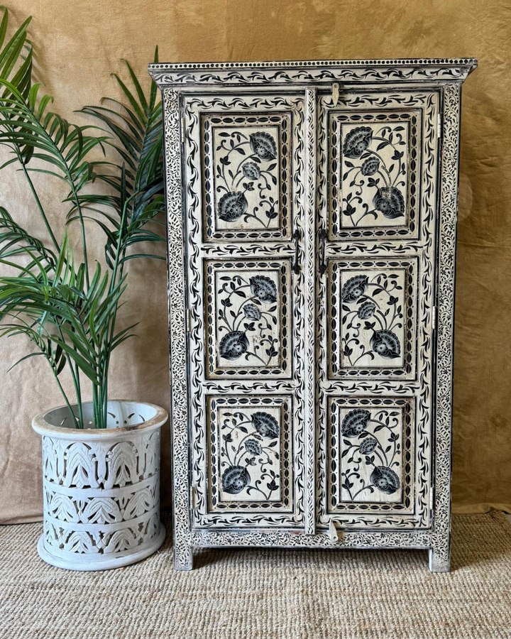 Hand-Painted Mango Wood Armoire – Black Floral Panels on Distressed Ivory Finish