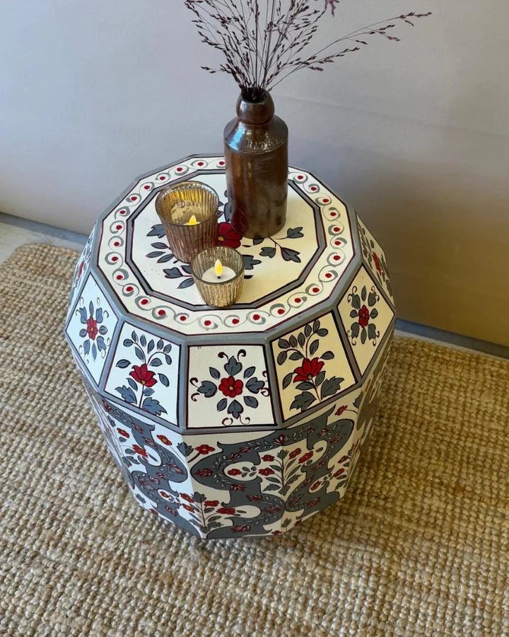 Hand-Painted Mango Wood Accent Table – Floral Octagonal Stool in Blue &amp; Cream