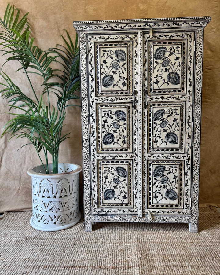 Hand-Painted Mango Wood Armoire – Black Floral Panels on Distressed Ivory Finish