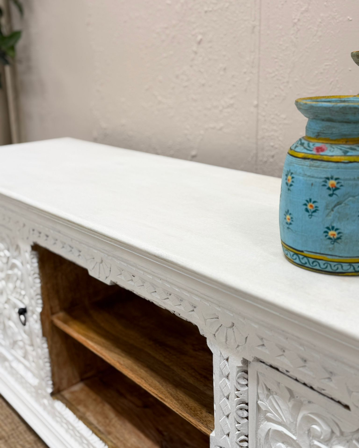 Hand-Carved Mango Wood TV Unit – Fully Whitewashed 2 Door Design