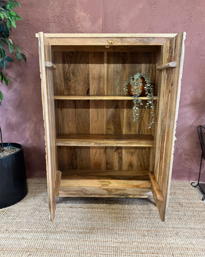 Hand-Carved 2-Door Mango Wood Cabinet with Whitewashed Floral Façade