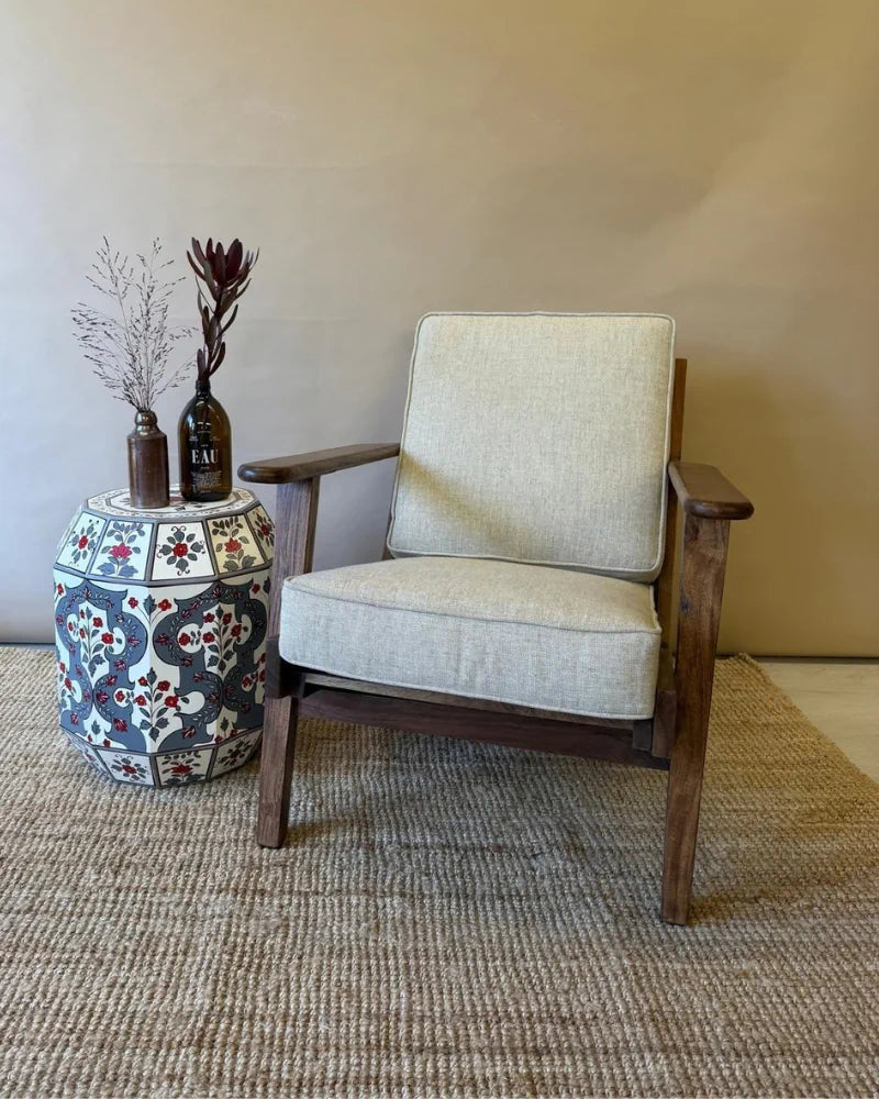 Hand-Painted Mango Wood Accent Table – Floral Octagonal Stool in Blue &amp; Cream