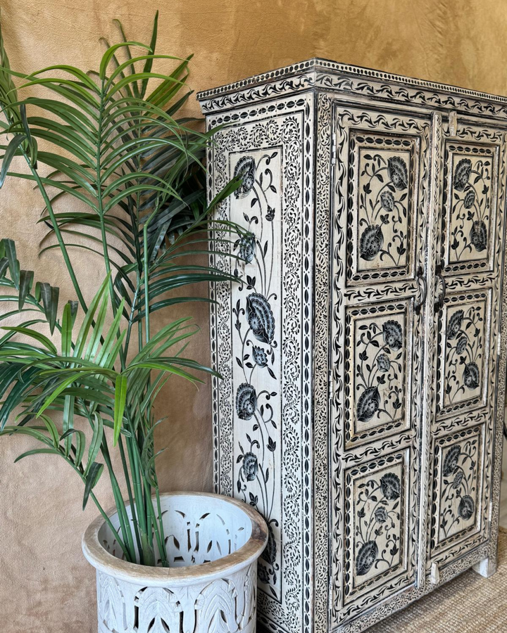 Hand-Painted Mango Wood Armoire – Black Floral Panels on Distressed Ivory Finish