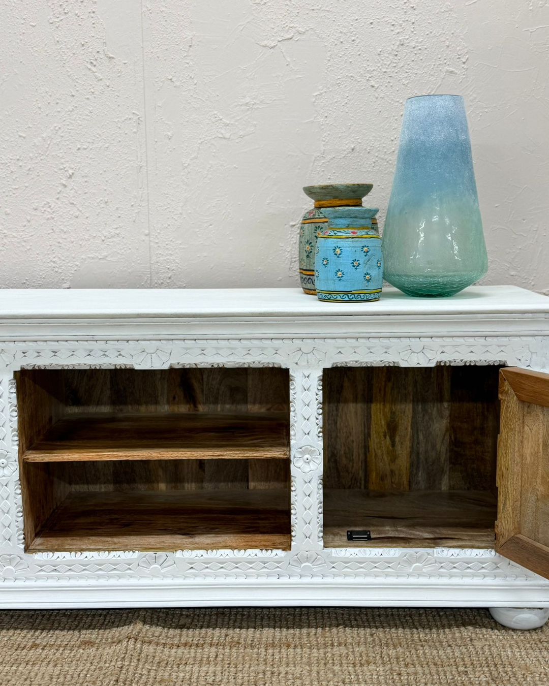 Hand-Carved Mango Wood TV Unit – Fully Whitewashed 2 Door Design