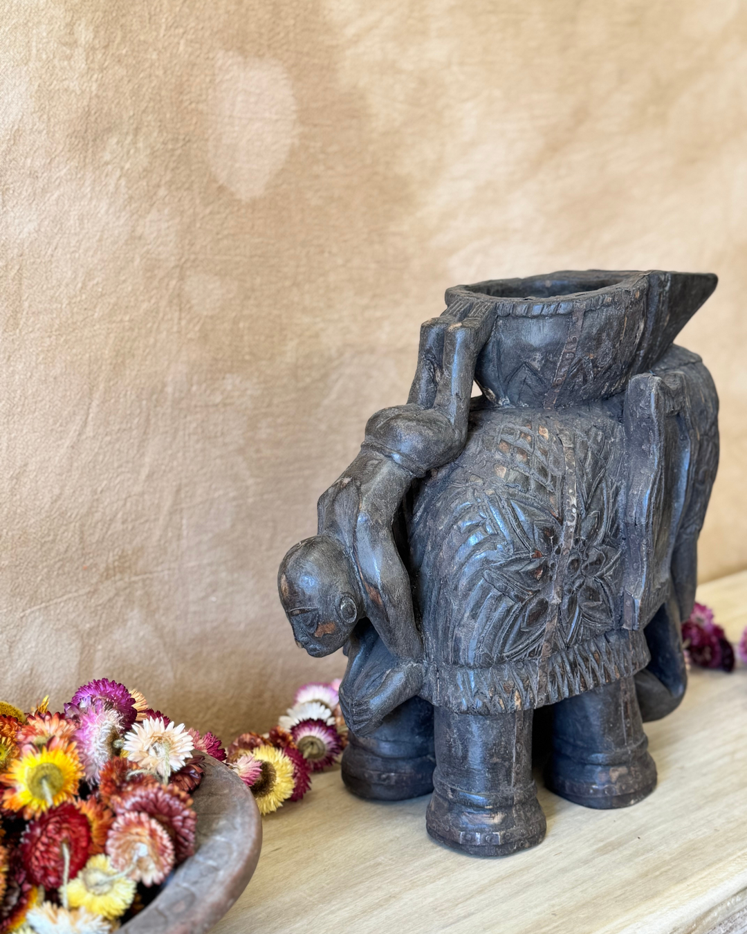 Hand-Carved Vintage Elephant Planter – Dark Finish with Upside-Down Figure Handle