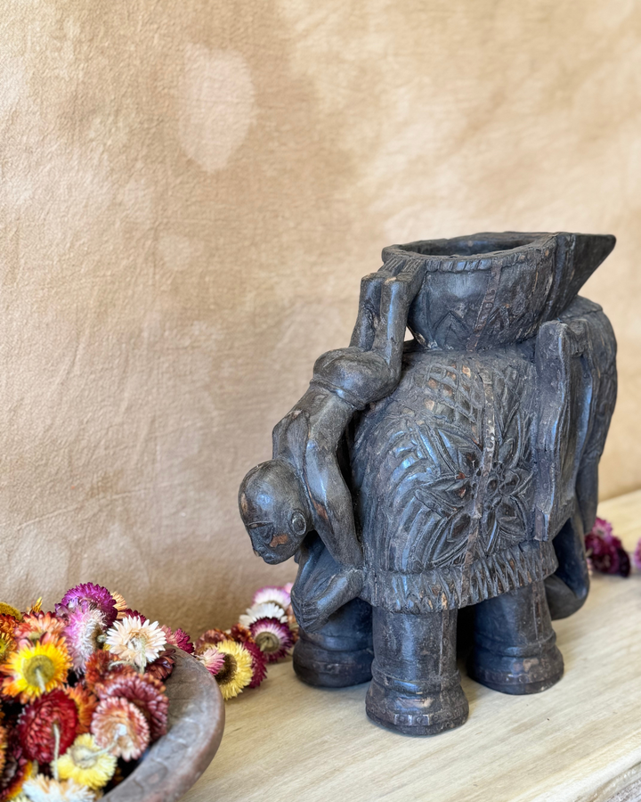 Hand-Carved Vintage Elephant Planter – Dark Finish with Upside-Down Figure Handle