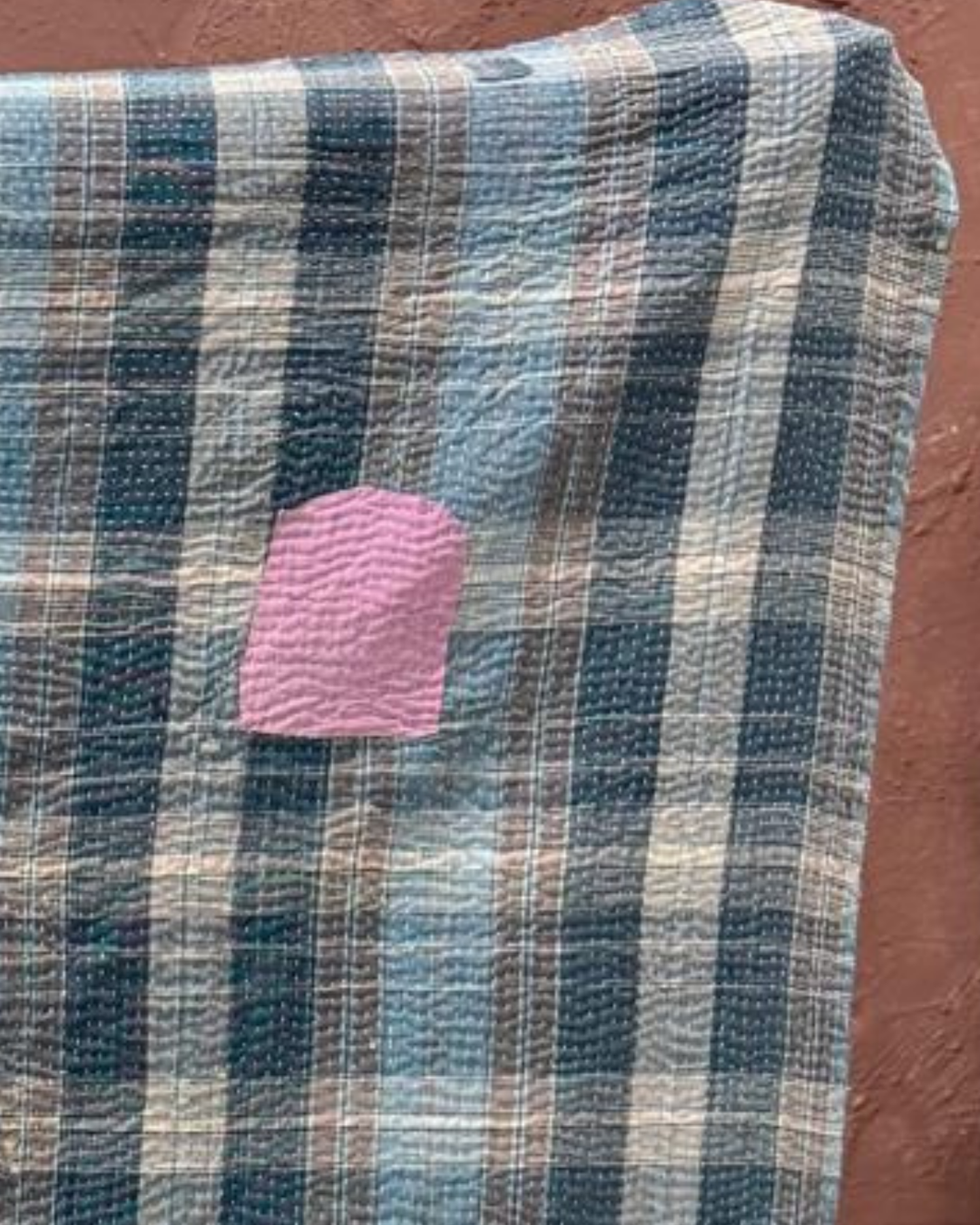 Vintage Hand-Embroidered Kantha Throw – Soft Grey & Slate Sari Patchwork
