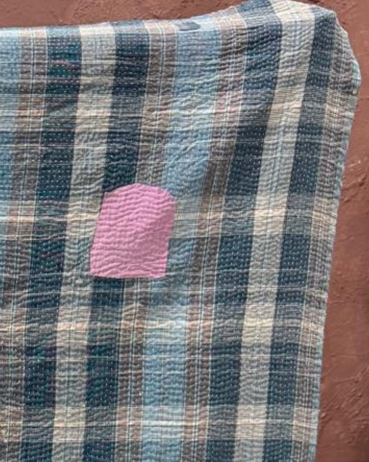 Vintage Hand-Embroidered Kantha Throw – Soft Grey & Slate Sari Patchwork