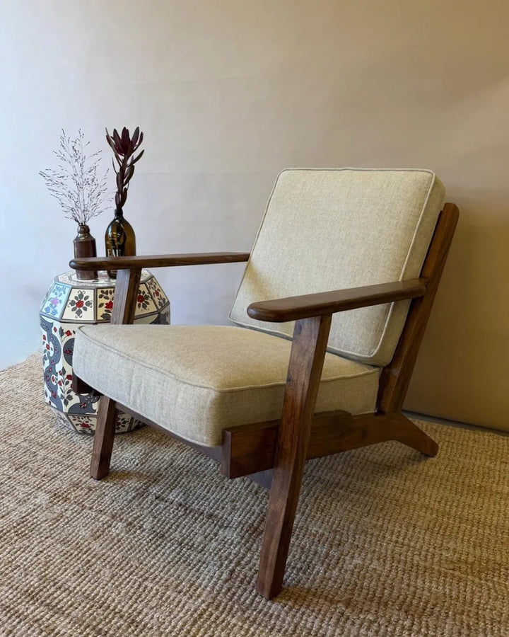 Farmhouse Acacia Wood Armchair with Linen Upholstery – Natural Finish