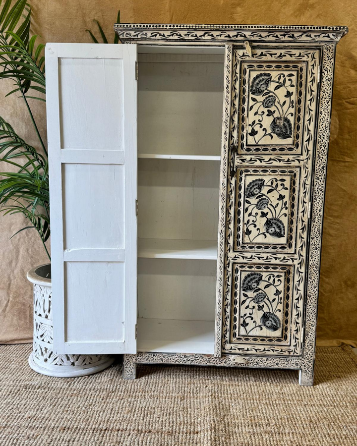 Hand-Painted Mango Wood Armoire – Black Floral Panels on Distressed Ivory Finish