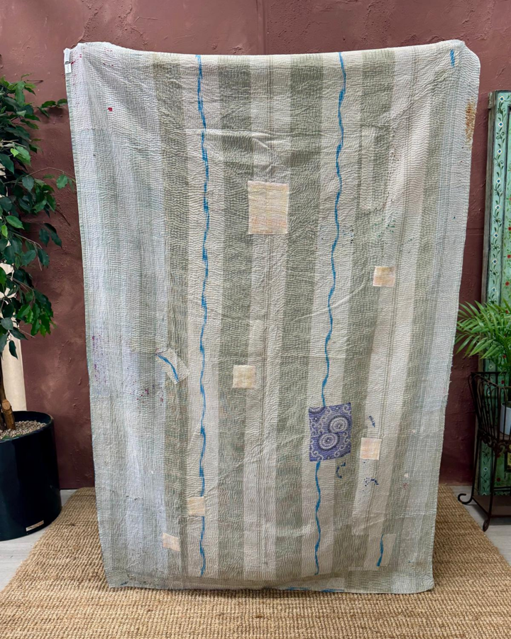 Vintage Hand-Embroidered Kantha Throw – Soft Grey & Slate Sari Patchwork