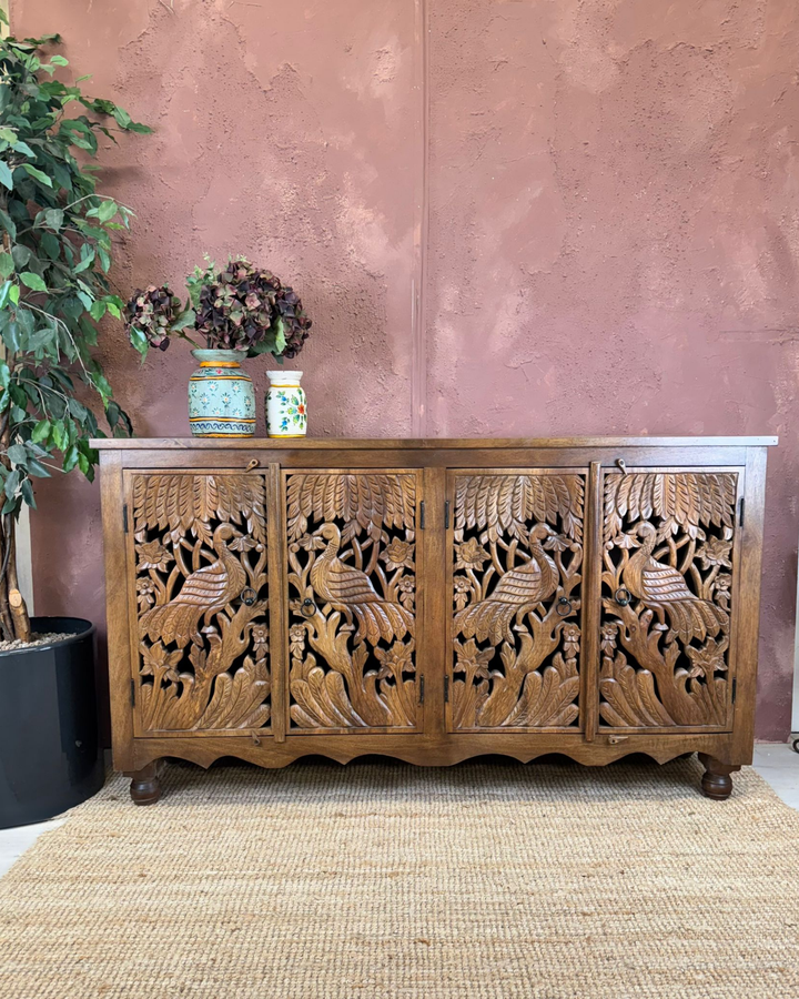 Hand-Carved Mango Wood Peacock 4-Door Sideboard