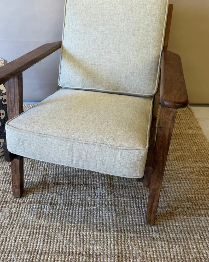 Farmhouse Acacia Wood Armchair with Linen Upholstery – Natural Finish