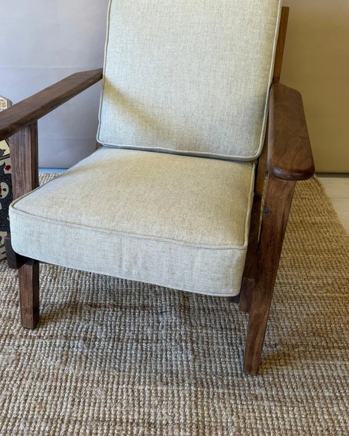 Farmhouse Acacia Wood Armchair with Linen Upholstery – Natural Finish