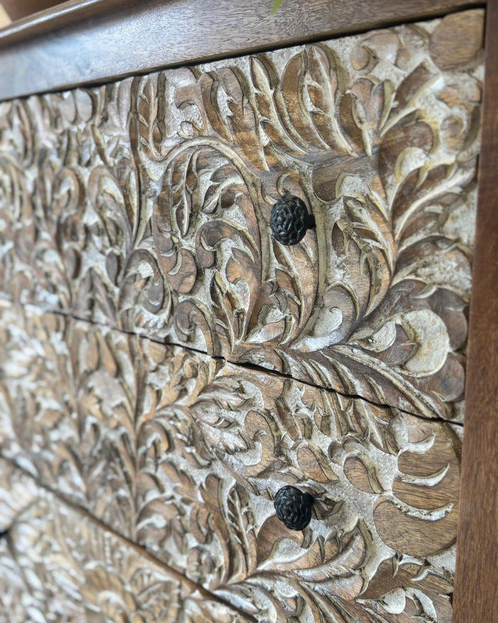 Hand-Carved Mango Wood Chest of Drawers – 5 Drawer Tallboy