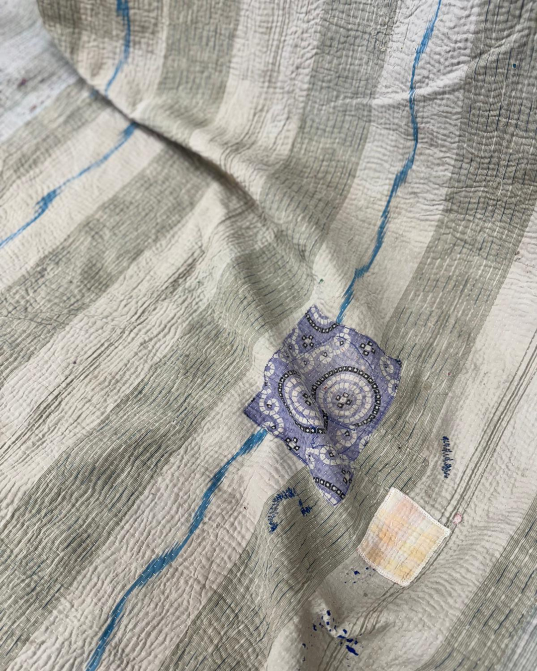 Vintage Hand-Embroidered Kantha Throw – Soft Grey & Slate Sari Patchwork