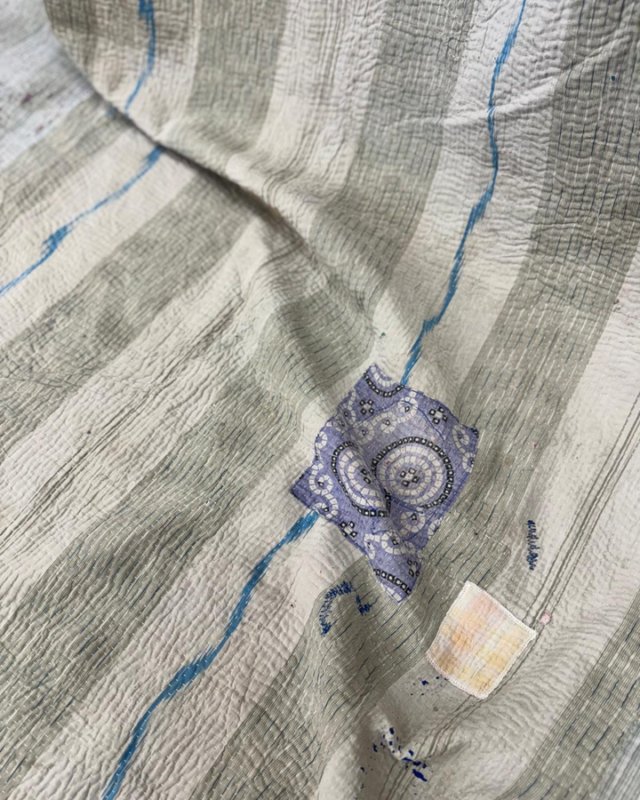 Vintage Hand-Embroidered Kantha Throw – Soft Grey & Slate Sari Patchwork