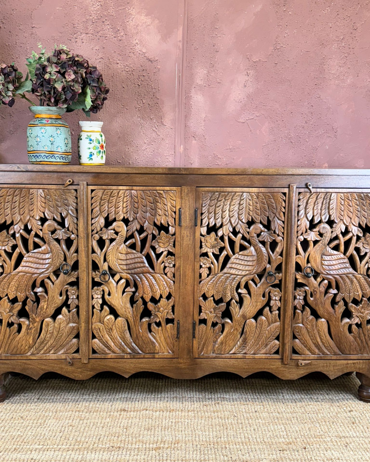 Hand-Carved Mango Wood Peacock 4-Door Sideboard