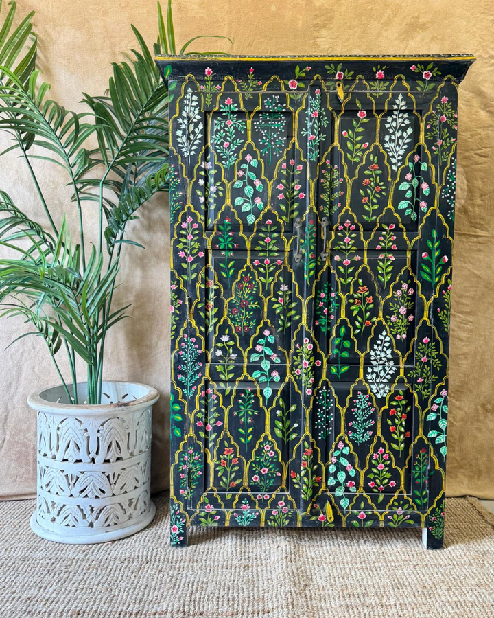Hand-Painted Mango Wood Armoire – Vintage Floral Design on Black with 2 Shelves