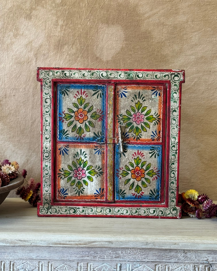 Hand-Painted Vintage Window Pane – Floral Motif on Reclaimed Hardwood