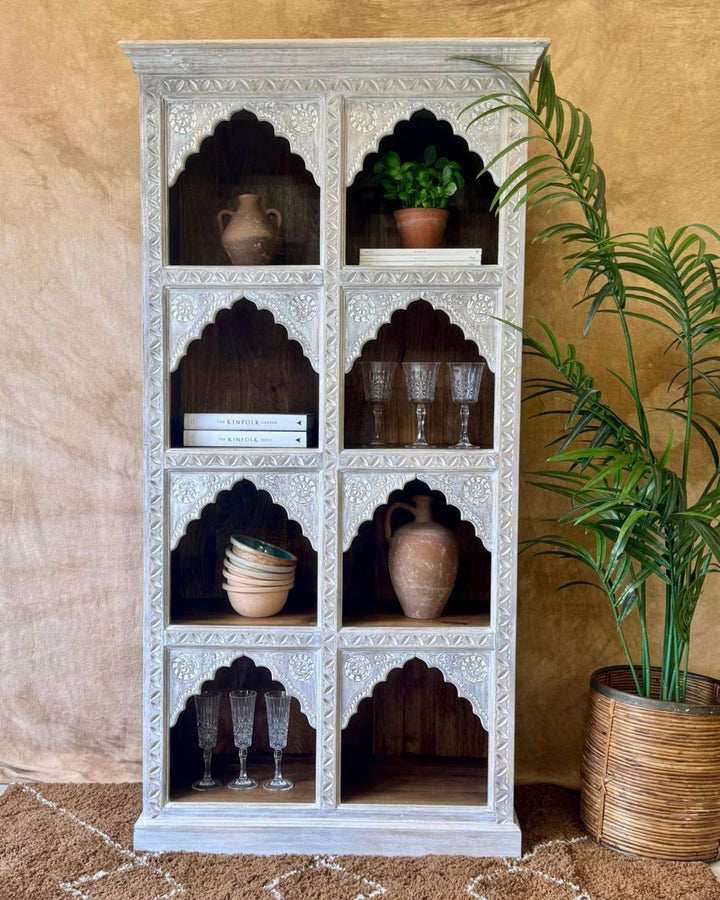 Hand-Carved Mango Wood Bookcase – Cream Washed Finish with Indian Arch Design