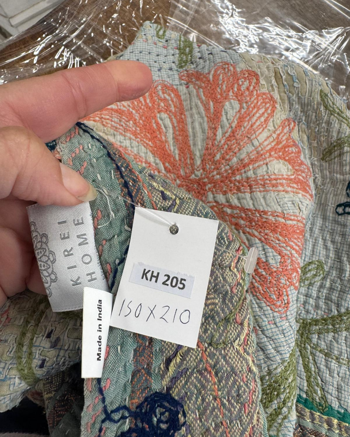 Vintage Hand-Embroidered Kantha Throw – Forest Green with Coral & Navy Floral Panels