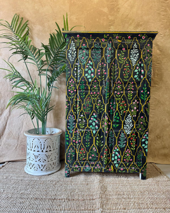 Hand-Painted Mango Wood Armoire – Vintage Floral Design on Black with 2 Shelves