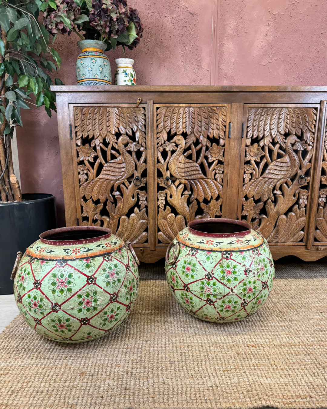 Hand-Carved Mango Wood Peacock 4-Door Sideboard