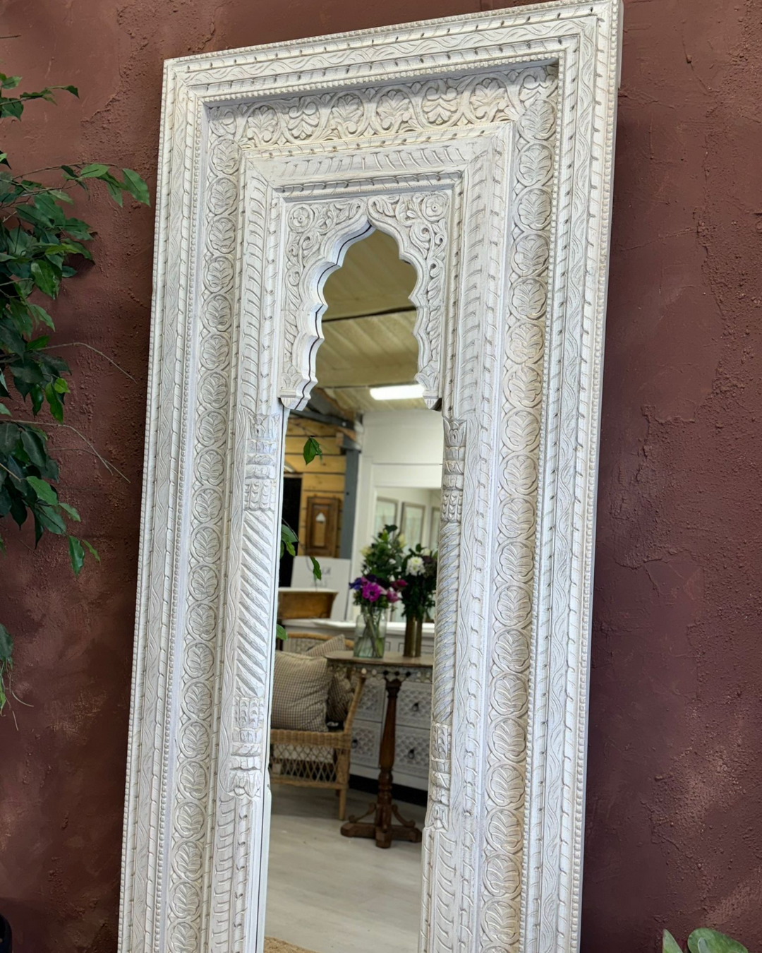 Tall Arch Mango Wood Floor Mirror – Hand-Carved and Whitewashed